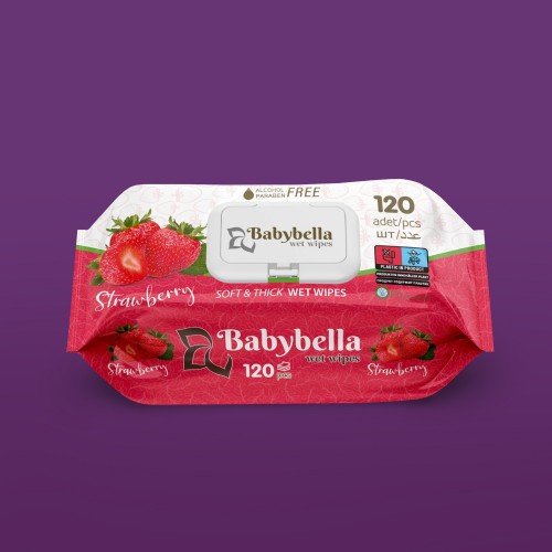 Салфетки влажные BABYBELLA 120шт с клапаном STRAWBERRY photo 1