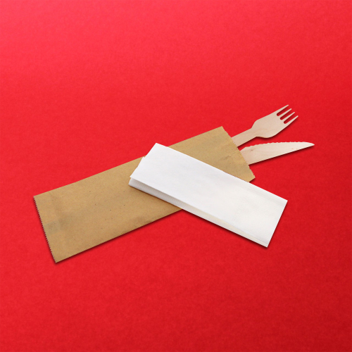 Вилка+Нож+салфетка деревянная в индивид. упаковке 16см