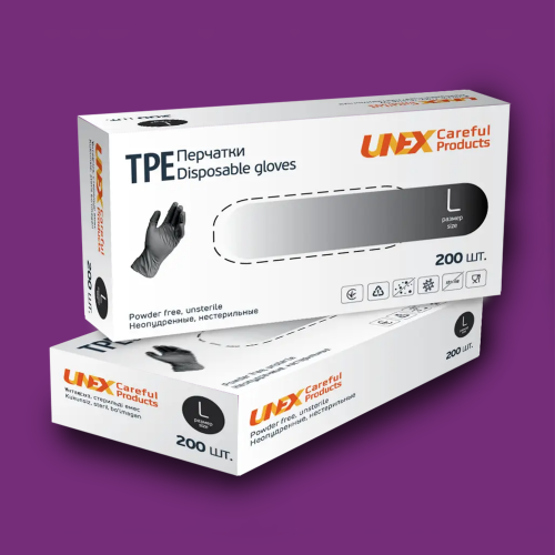 Перчатки TPE чёрные UNEX L 200шт photo 1